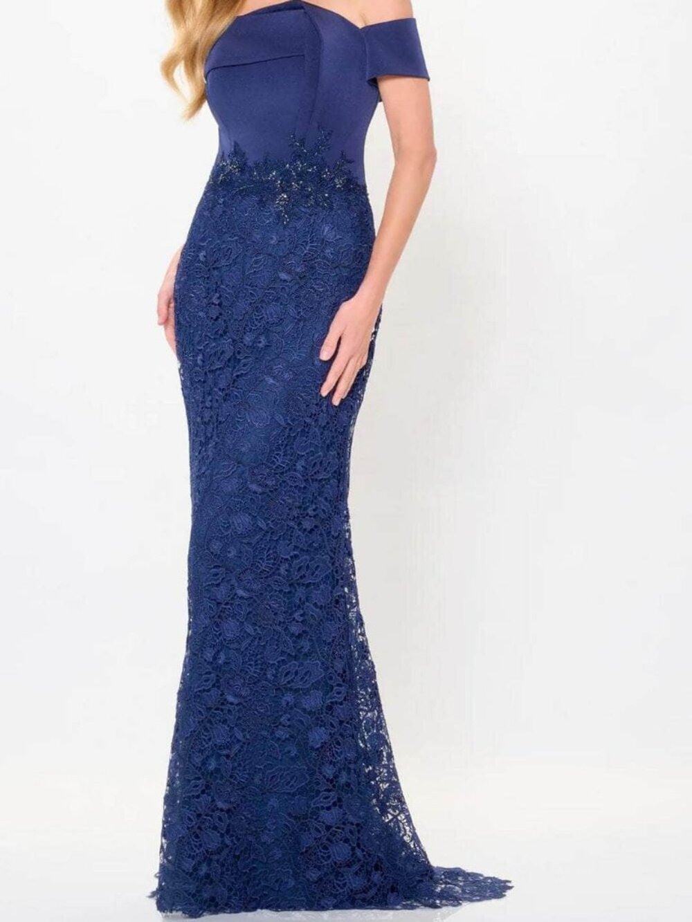 NWT Montage by Mon Cheri M907 Off Shoulder Formal Gown Navy size 8